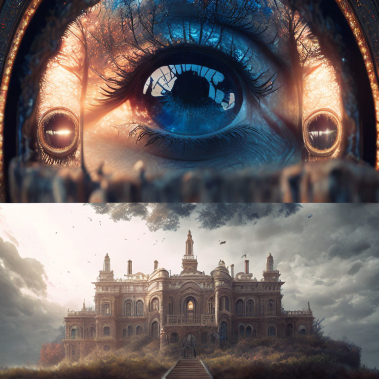 Detailed Blue Eye with Ornate Building Reflection and Grand Staircase Landscape