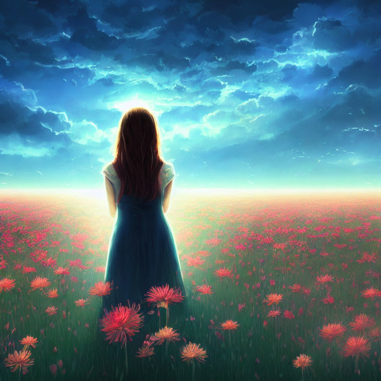 Woman in blue dress amidst pink flowers under vibrant sunset