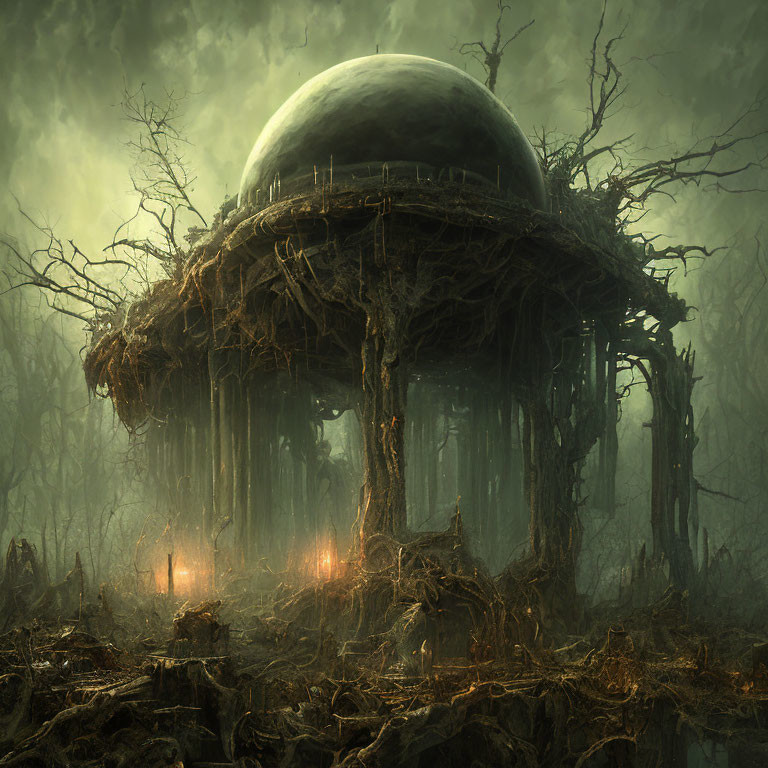 Mysterious Dome Structure in Foggy Forest with Gnarled Trees