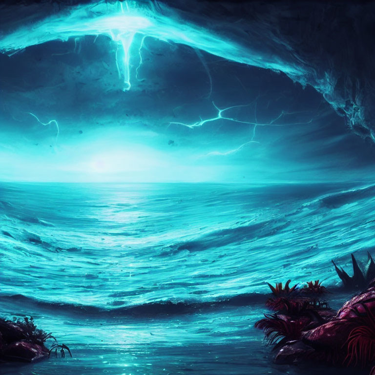 Luminous Blue Seascape with Glowing Plants and Turbulent Waves