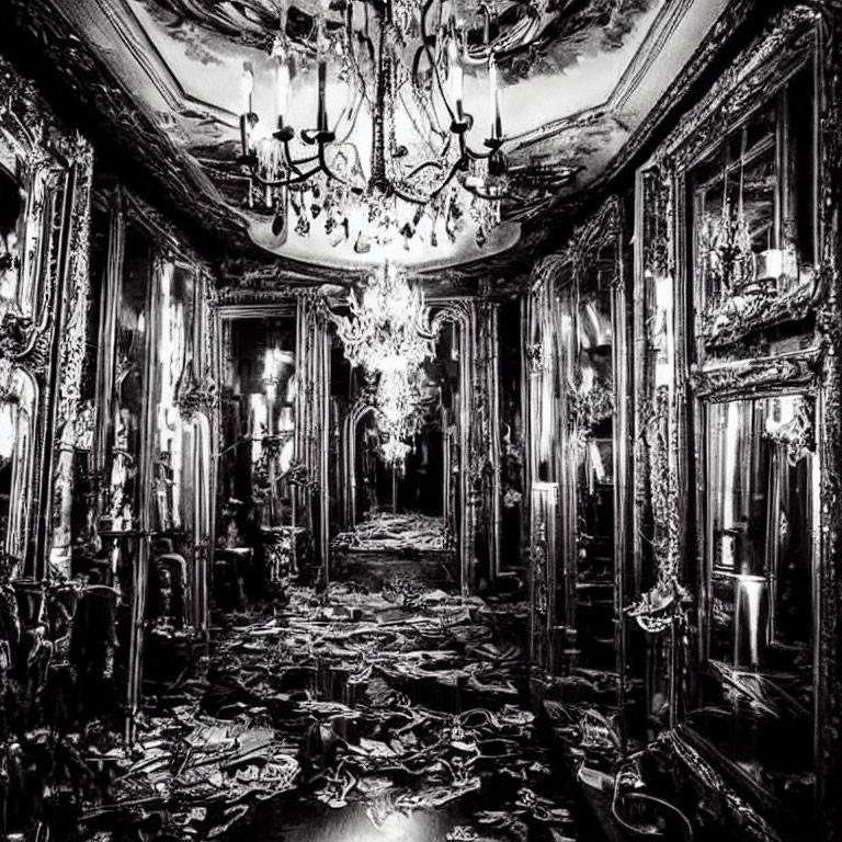 Luxurious Monochrome Room with Ornate Mirrors & Chandeliers