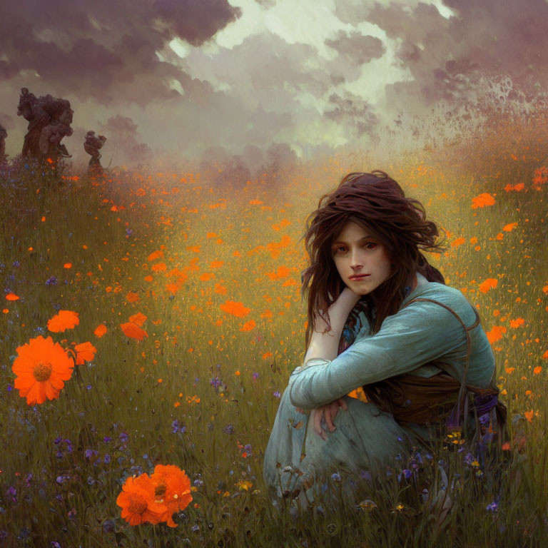 Person sitting in orange flower field under cloudy sky - Tranquil Scene