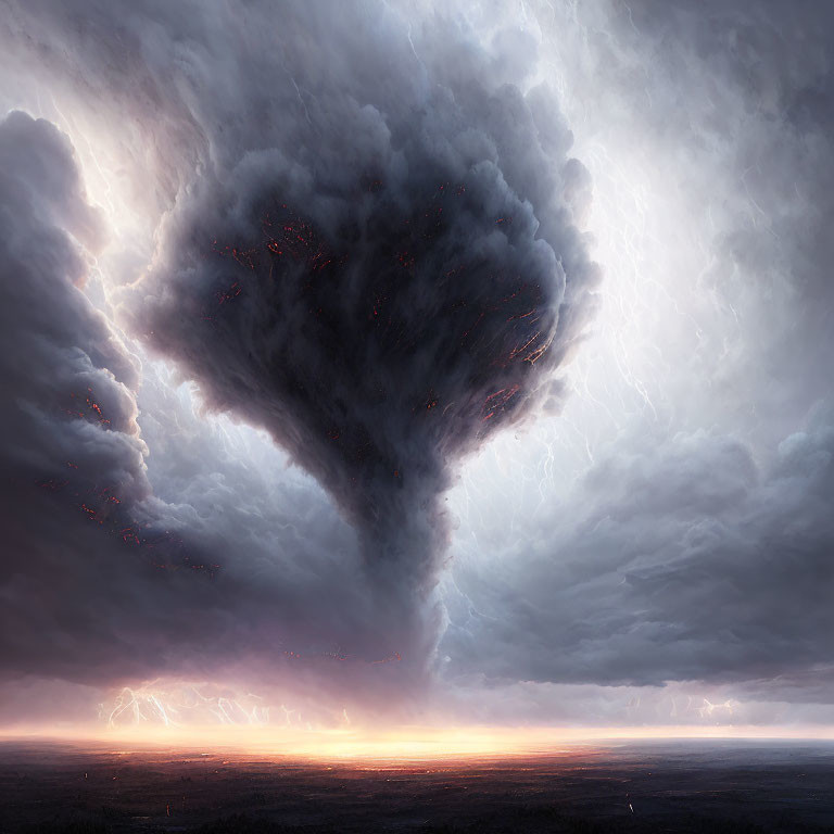 Ominous volcanic eruption cloud with lightning and glowing lava