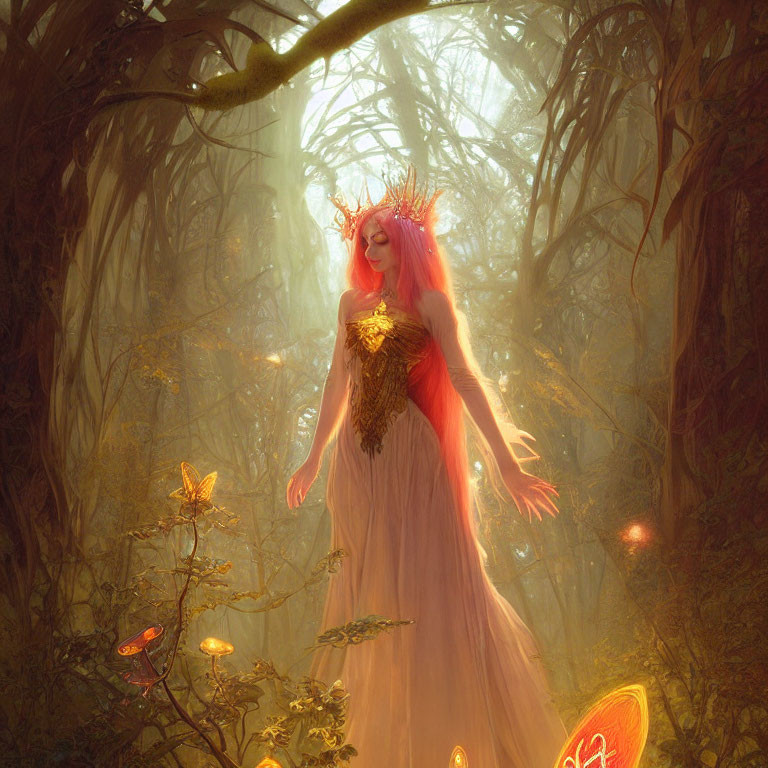 Enchanting forest scene with luminous fairy and glowing butterflies