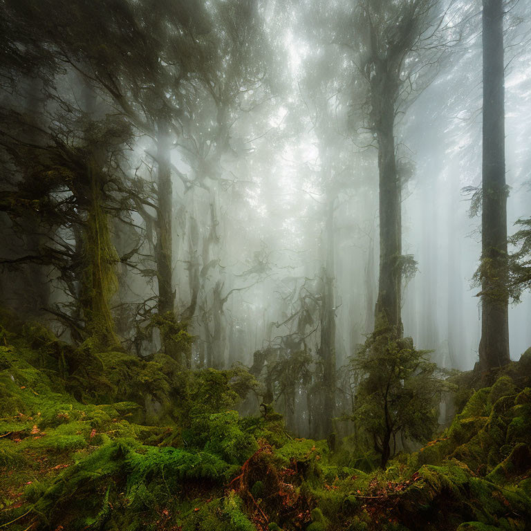 Enchanting misty forest with sunlight filtering through tall trees