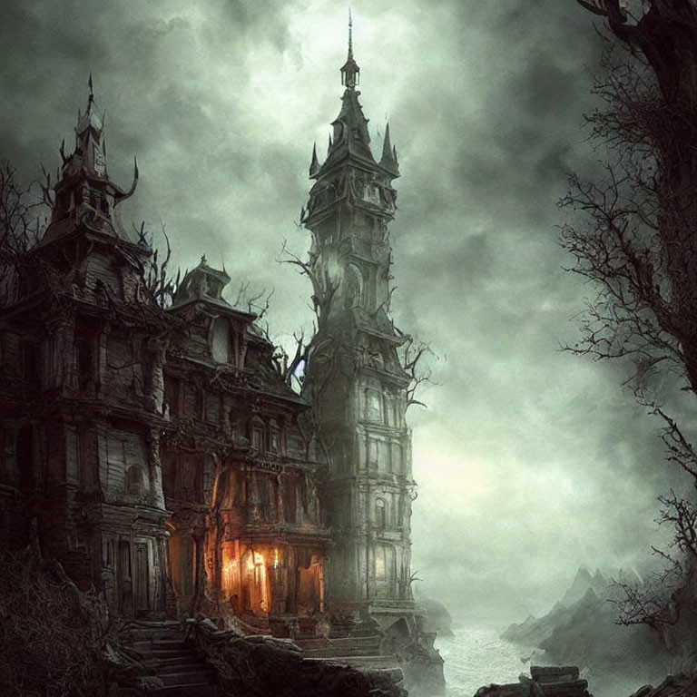 Gothic-style mansion in eerie landscape with glowing light