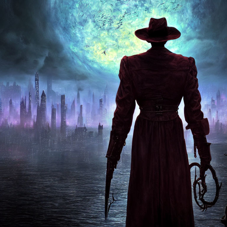 Mysterious figure in wide-brimmed hat and trench coat in dystopian cityscape.