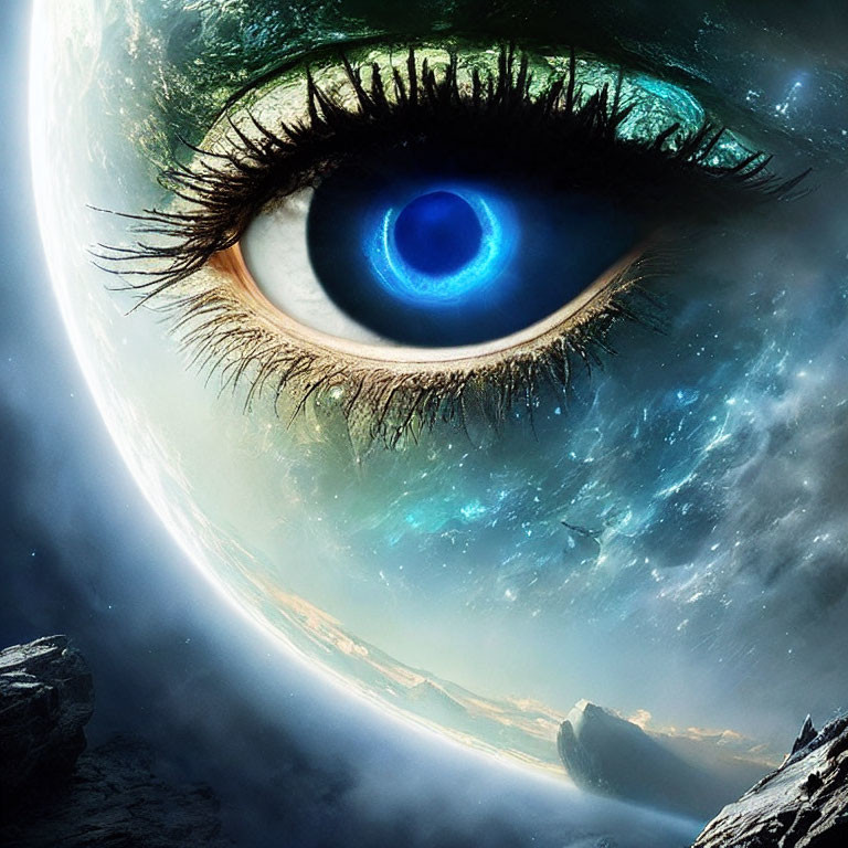 Blue-eyed human gaze merged with cosmic backdrop and rocky terrain.