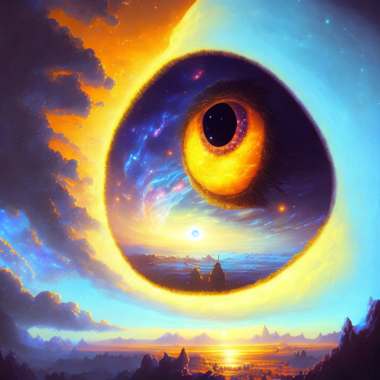 Surreal landscape with giant eye, mountains, ocean, and castle under vibrant sky