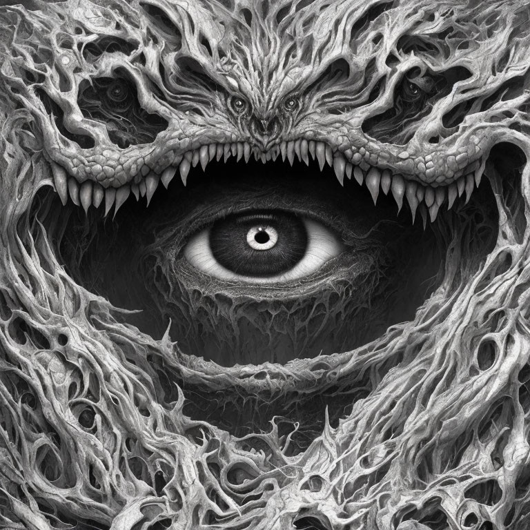 Monochrome image of dragon-like creatures surrounding a human eye