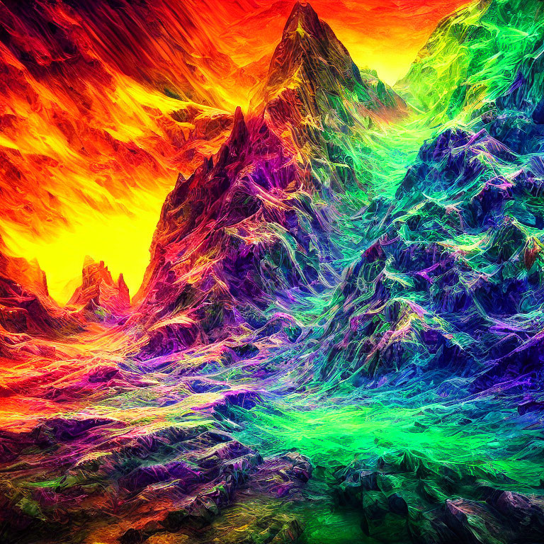 Vibrant Abstract Digital Art: Fiery Neon Mountain Landscape