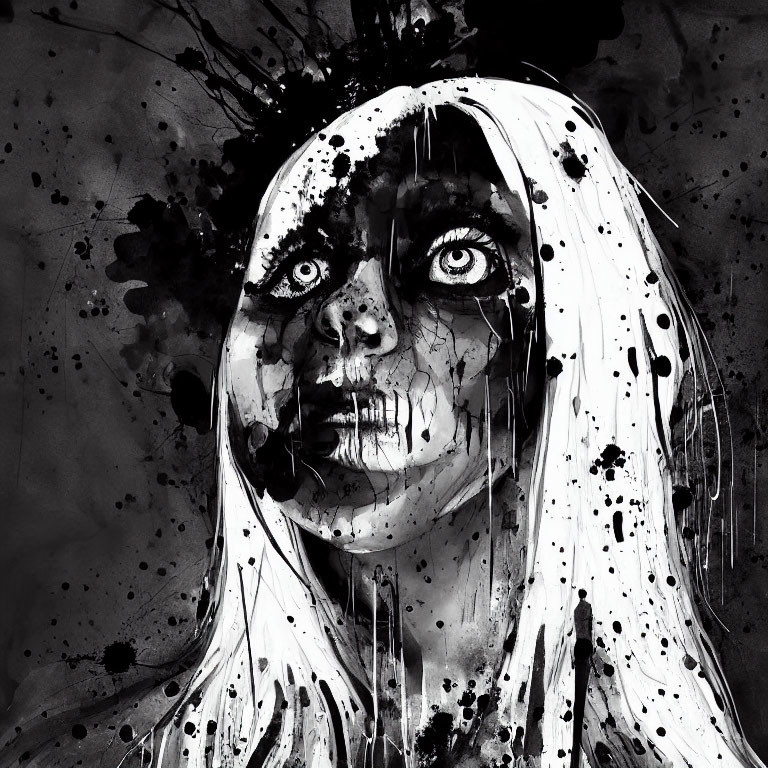 Monochrome artwork of a woman with white hair and ink-splattered face