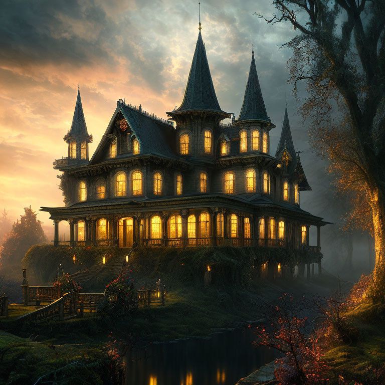 Gothic mansion at twilight with illuminated windows and autumnal surroundings