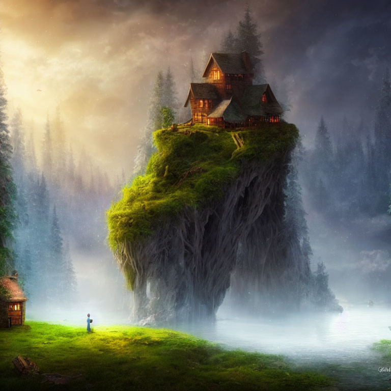 House on elevated green land with person in misty forest scene