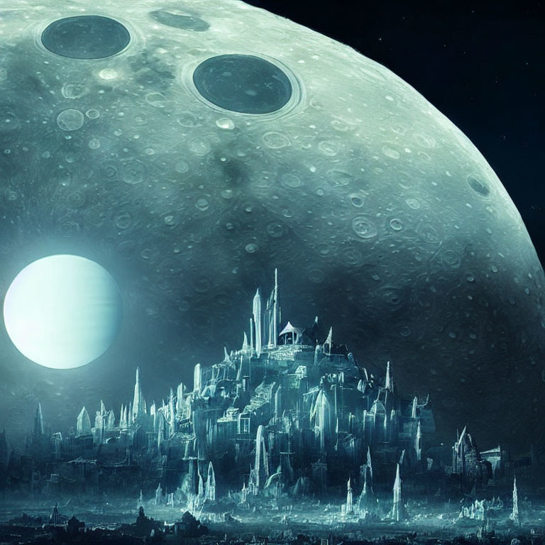 Futuristic city with towering spires under cratered moon in dark space