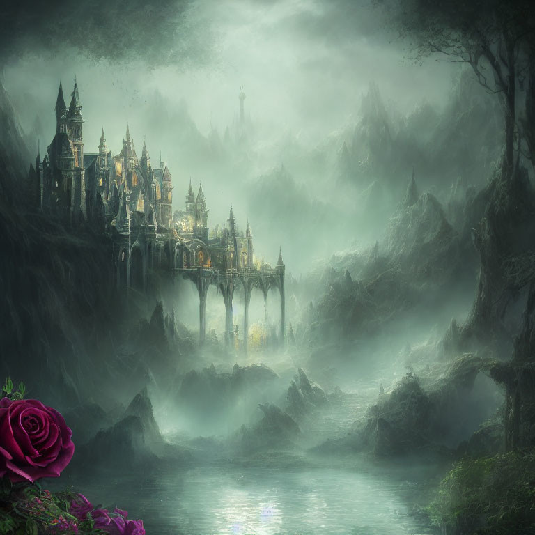 Mystical castle in foggy mountains with glowing lake and rose.