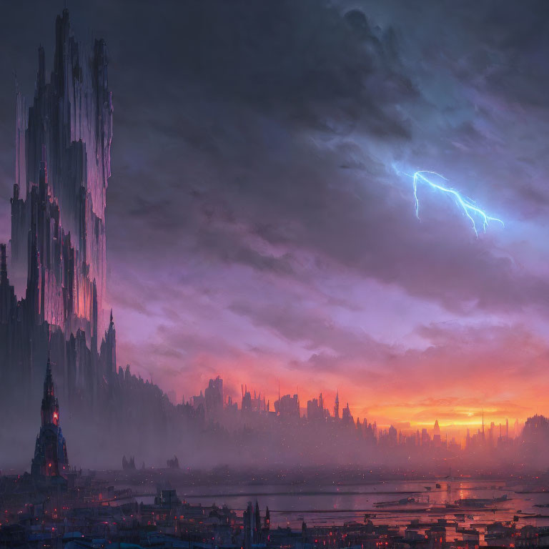 Fantastical cityscape at dawn with towering spires, castle, and lightning