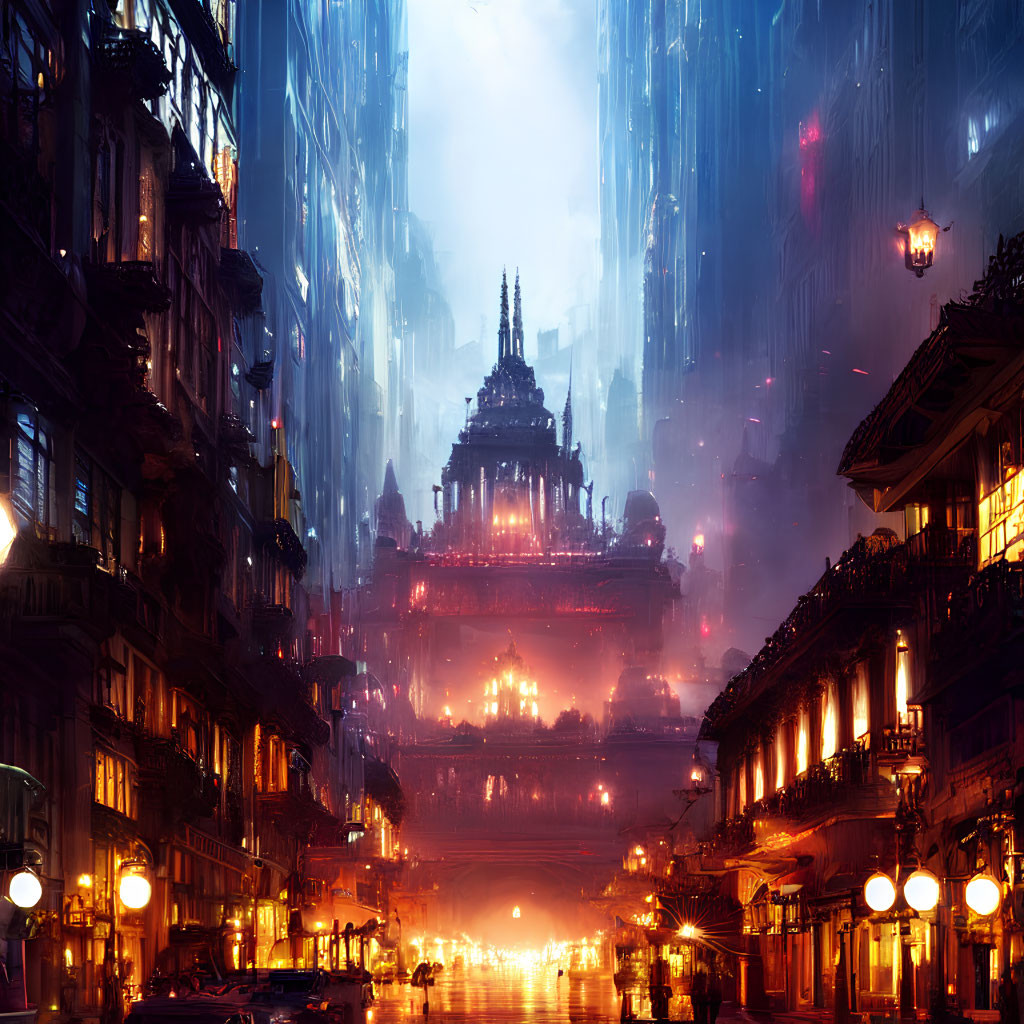 Futuristic cityscape at dusk: neon lights, skyscrapers, grand structure, misty