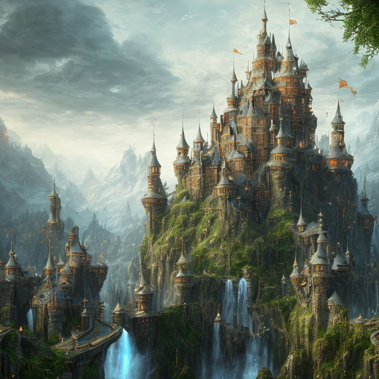 Fantasy castle with spires on cliff surrounded by waterfalls