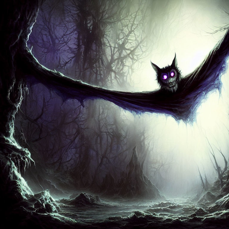 Mystical creature with glowing purple eyes in dark, eerie forest