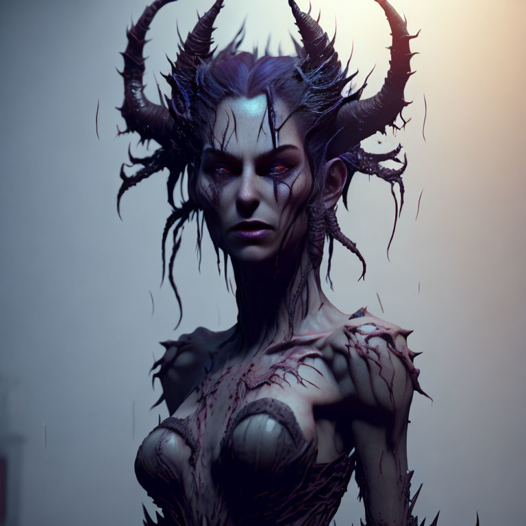 Female creature with curved horns and red eyes in dark fantasy setting