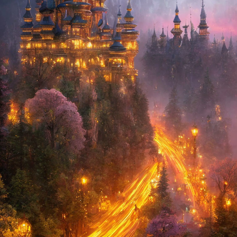 Fantastical illuminated castle in forest at dusk with vibrant light trails and blooming pink tree