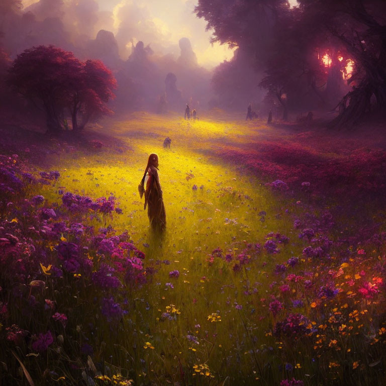 Woman in Red Cloak Walking Through Mystical Forest with Vibrant Flowers at Sunrise