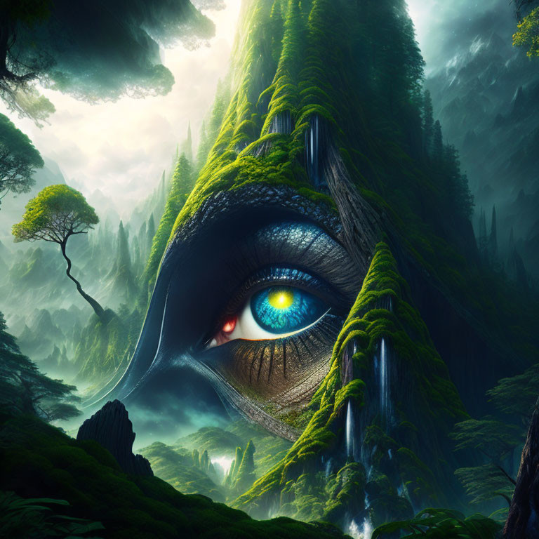 Surreal landscape with lush greenery, waterfall, and giant eye in mountainside