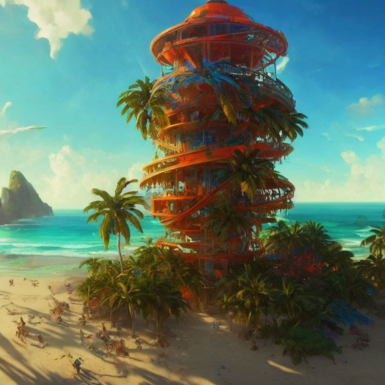 Tropical beach scene with people, palm trees, and spiral observation deck.