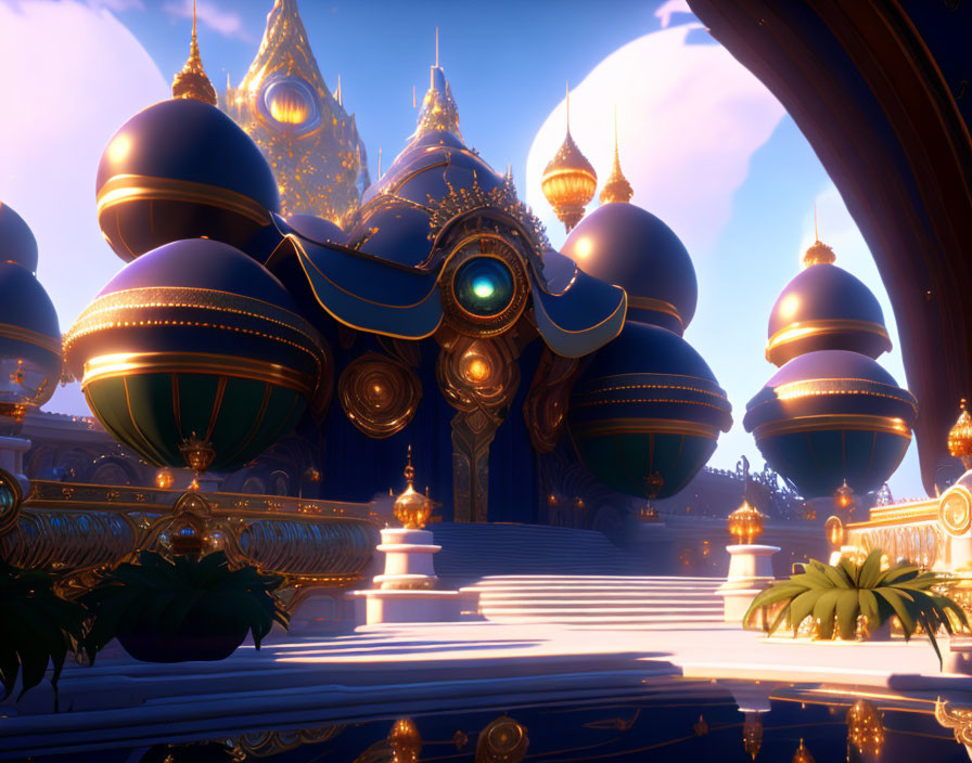 Fantastical palace with spherical towers and golden accents in warm sunset glow