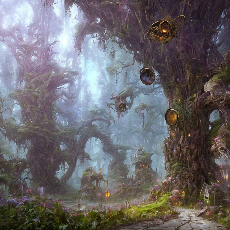 Mystical forest with twisted trees, lanterns, and glowing orbs in misty ambiance