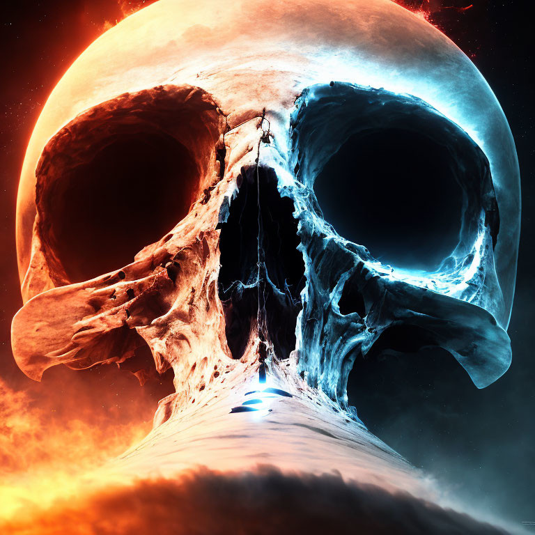 Surreal human skull with cosmic background and contrasting tones