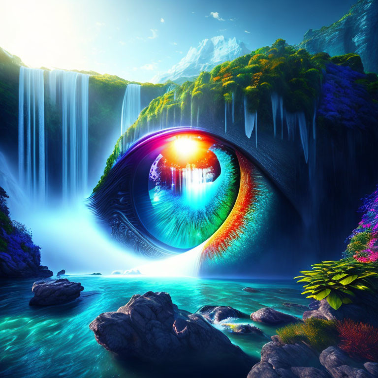 Colorful Eye Integrated into Vibrant Landscape with Waterfalls