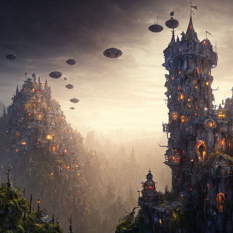 Enchanted fantasy landscape with towering illuminated castles, forests, and floating platforms at dusk