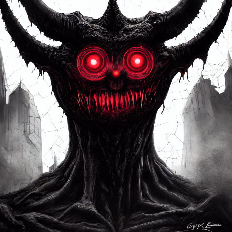 Fantastical creature with red eyes and horns in dark setting