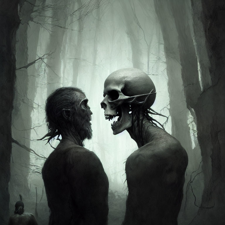 Skull-like figures in foggy forested landscape