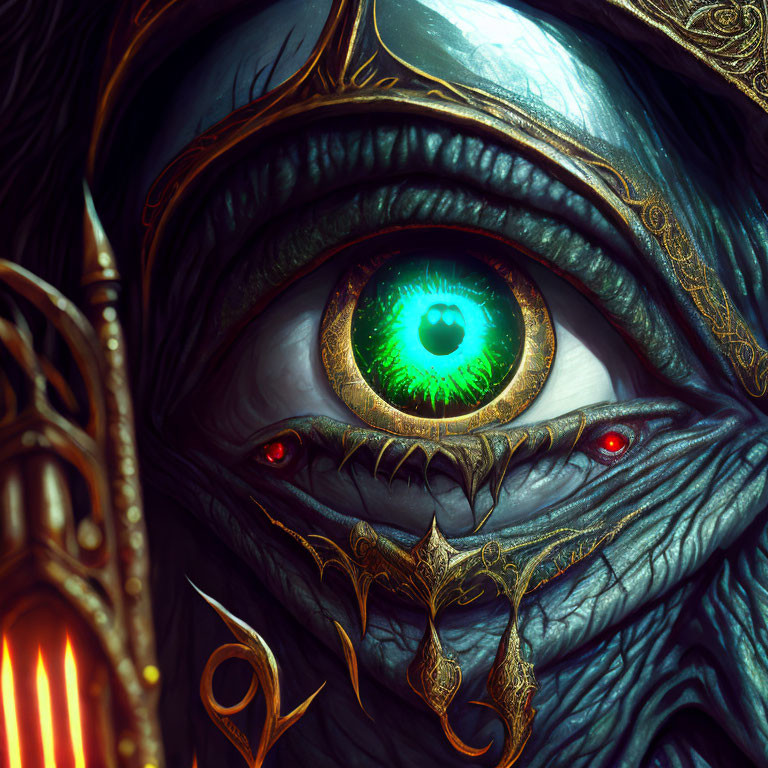 Detailed image: Glowing green eye on blue-scaled skin with golden adornments