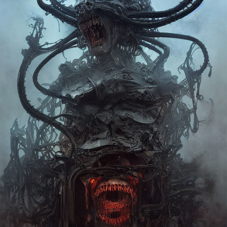 Detailed Artwork: Menacing Mechanical Creature with Tendrils, Fangs, and Red Gl