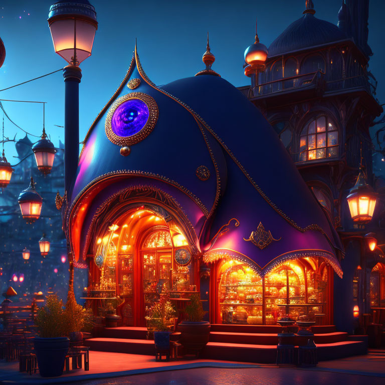 Whimsical building with vibrant blue domed roof and glowing lanterns