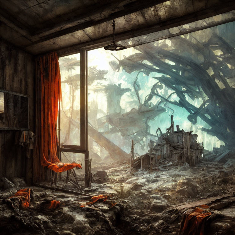 Abandoned room with hanging light and orange-draped window overlooking post-apocalyptic landscape