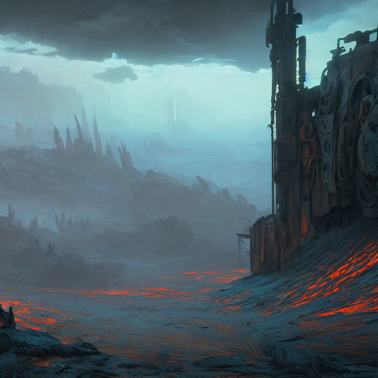 Dystopian landscape with lava streams, dark skies, and industrial structures