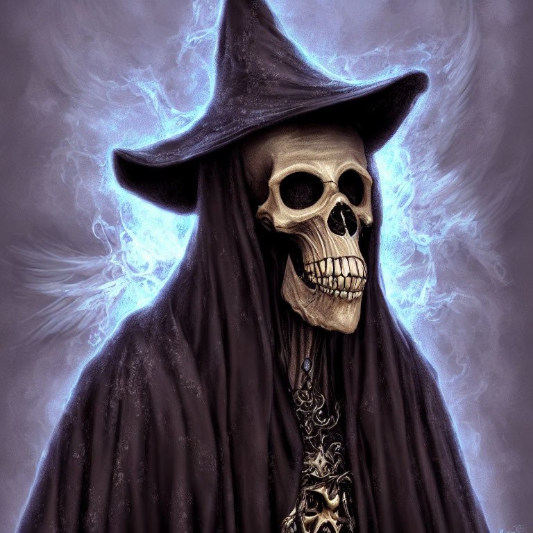 Detailed artwork: Skull in dark robe and hat with blue energy swirls