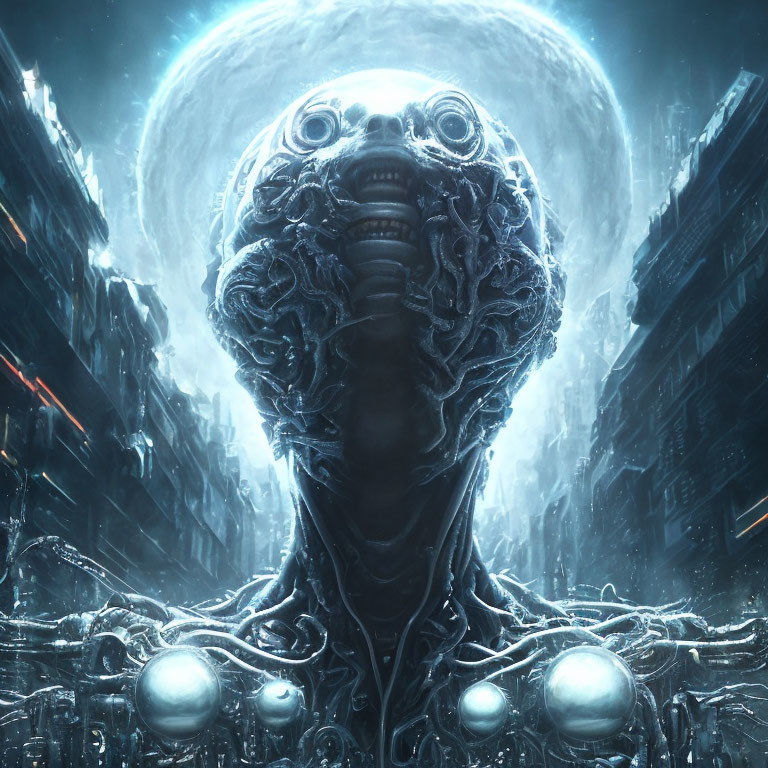 Surreal sci-fi scene with humanoid figure, large moon, futuristic city structures