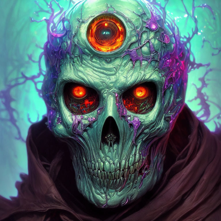 Glowing-eyed skull with purple and green ethereal energy and dark cloaks