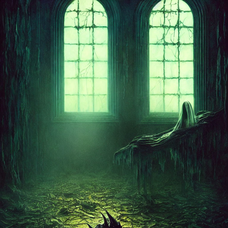 Eerie green-lit room with high windows, dense vines, and ghostly figure draped over decre