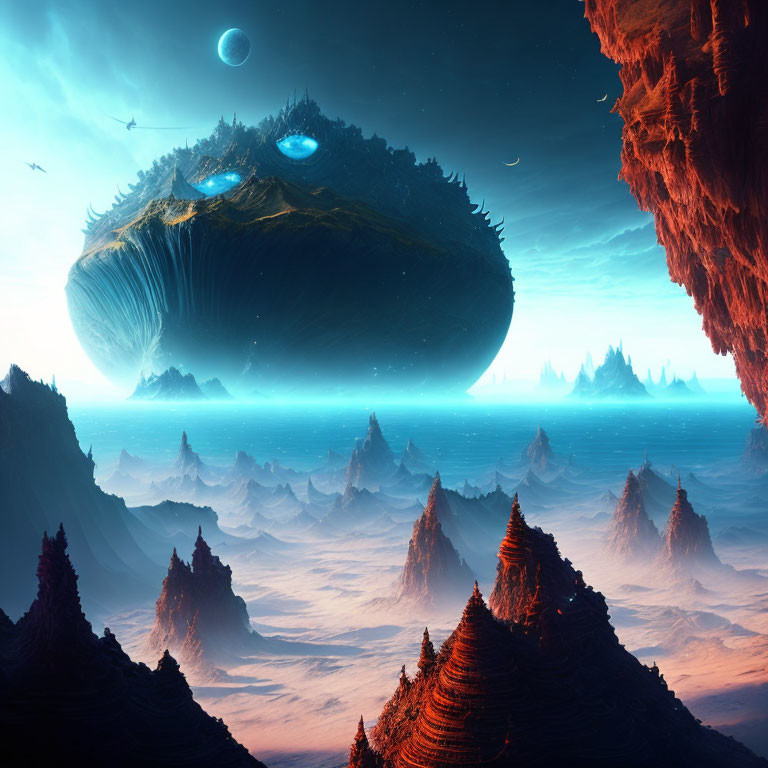 Surreal landscape with floating islands, waterfalls, and moons