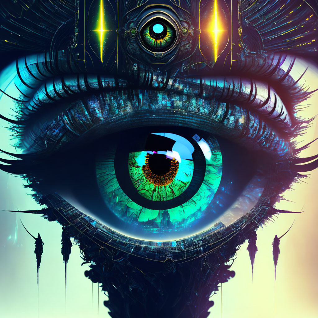 Hyperrealistic image of luminescent eye with mechanical elements and floating figures on blue backdrop