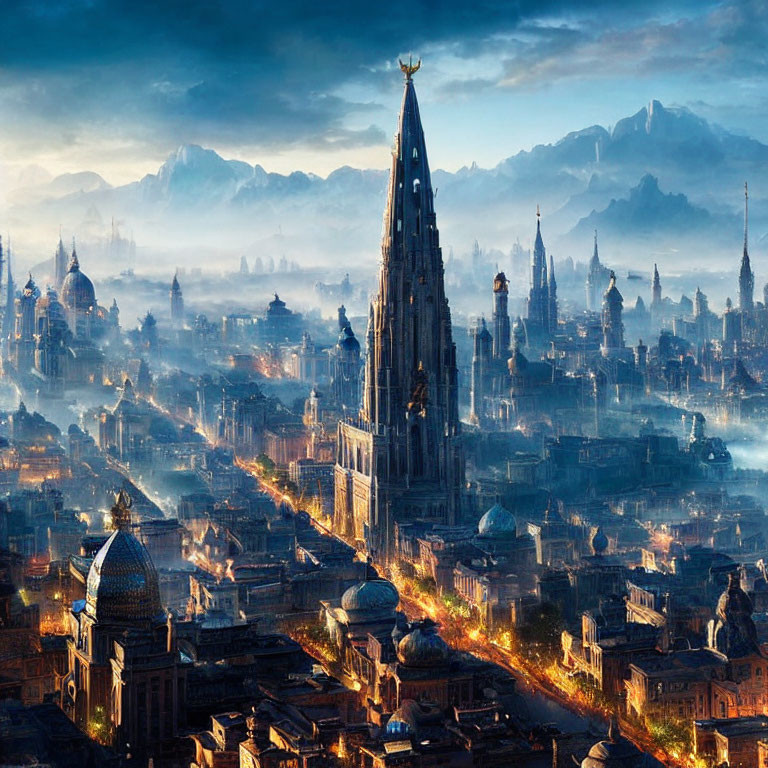 Fantastical cityscape at dawn with ornate buildings and central spire