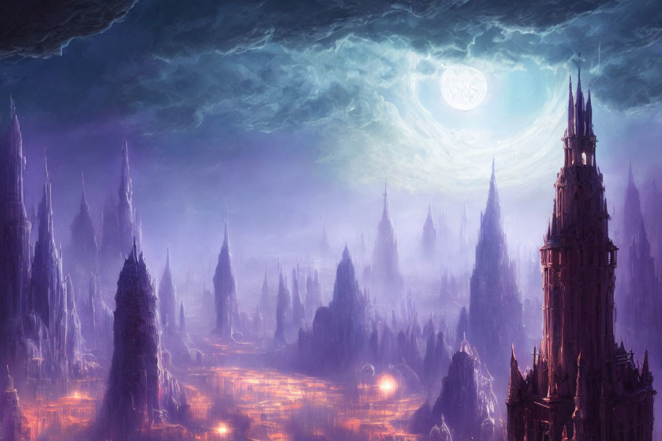 Fantasy landscape at night with illuminated towers under moonlit sky