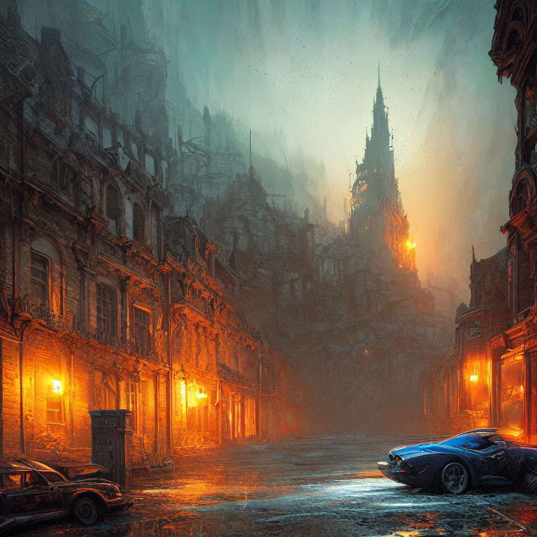 Misty Neo-Gothic Cityscape with Vintage and Modern Cars at Dusk